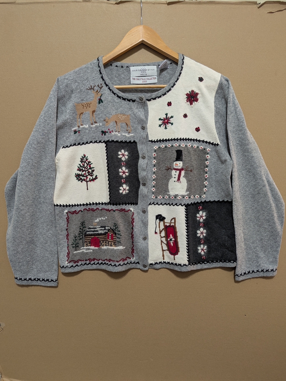 Marisa Christina Vintage Ugly Christmas Sweater Cardigan Patchwork Gray PM Knit